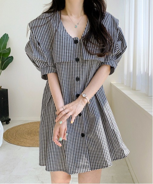 gossip!ロサンゼルス(ゴシップロサンゼルス)の「パフスリーブ ドミニ丈ワンピース(ワンピース・レディース・ブラック/チェック/ホワイト・FREE)」の3枚目の写真