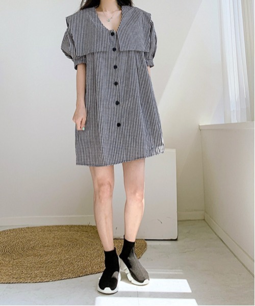 gossip!ロサンゼルス(ゴシップロサンゼルス)の「パフスリーブ ドミニ丈ワンピース(ワンピース・レディース・ブラック/チェック/ホワイト・FREE)」の6枚目の写真
