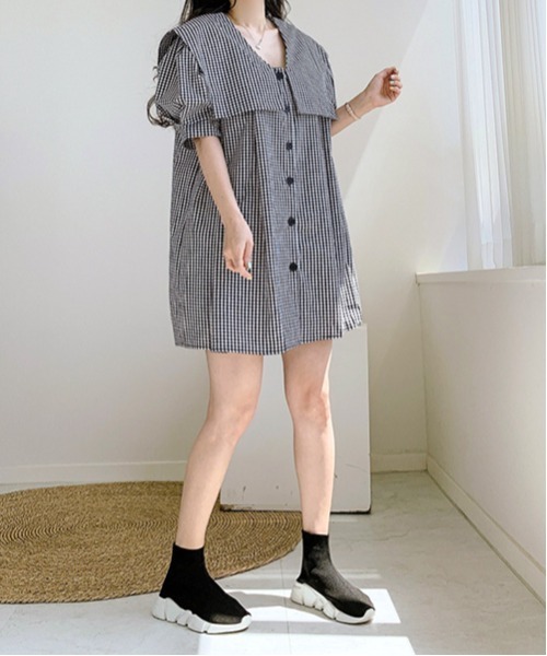 gossip!ロサンゼルス(ゴシップロサンゼルス)の「パフスリーブ ドミニ丈ワンピース(ワンピース・レディース・ブラック/チェック/ホワイト・FREE)」の5枚目の写真