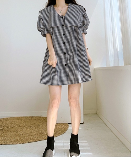 gossip!ロサンゼルス(ゴシップロサンゼルス)の「パフスリーブ ドミニ丈ワンピース(ワンピース・レディース・ブラック/チェック/ホワイト・FREE)」の7枚目の写真
