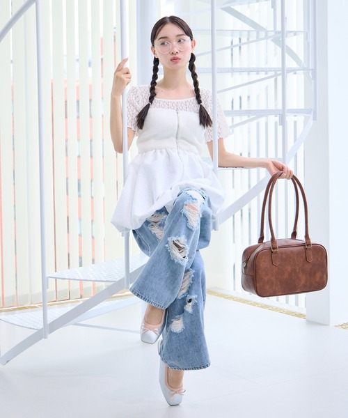 one after another NICE CLAUP（ワンアフターアナザーナイスクラップ）の「ダメージデニムワイドパンツ【SMサイズ展開】（デニムパンツ・レディース・サックスブルー/ブラック/ブルー・MEDIUM/SMALL）」の12枚目の写真