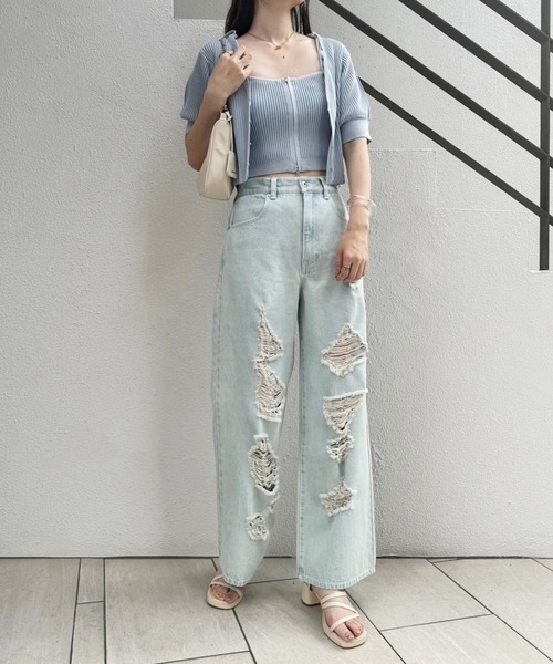 セール】ダメージデニムワイドパンツ【SMサイズ展開】（デニム