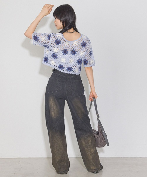 PAGEBOY（ページボーイ）の「クロシェライクリボン半袖トップス（ニット/セーター・レディース・ブラック/ホワイト×ブラック/ブルー・FREE）」の5枚目の写真