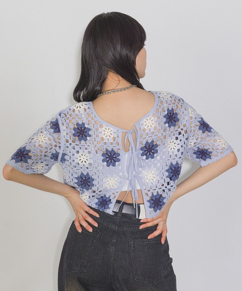 PAGEBOY（ページボーイ）の「クロシェライクリボン半袖トップス（ニット/セーター・レディース・ブラック/ホワイト×ブラック/ブルー・FREE）」の10枚目の写真