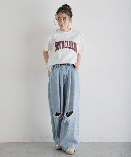 RAGEBLUE（レイジブルー）の「フラワー刺繍/カレッジロゴBIGTシャツ（Tシャツ/カットソー・レディース・ホワイト/ブラック・FREE）」の6枚目の写真