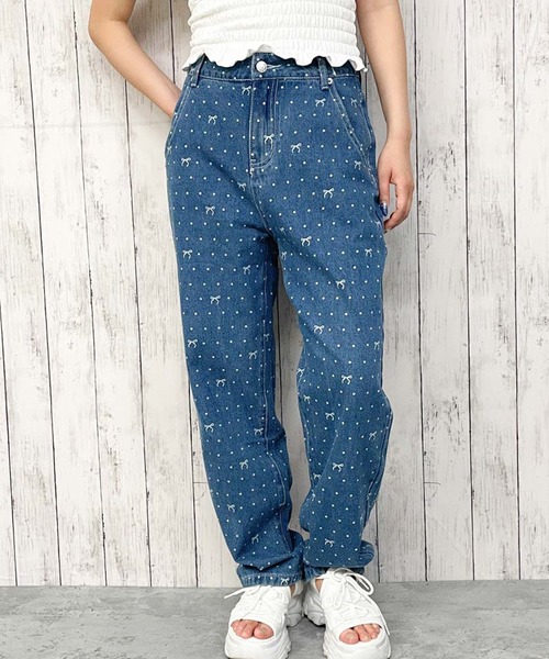 セール】《総柄リボン×美脚シルエット》レディース デニムパンツ