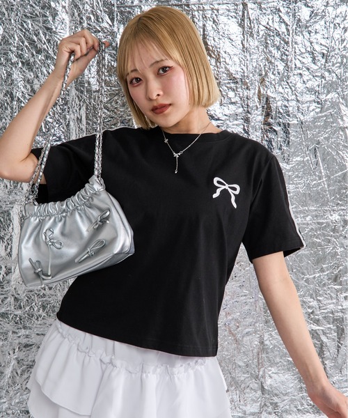 【THEAIRTOWN】リボン レース フリル ライン Tシャツ♥ セール】ライン入り刺繍リボンTシャツ【低身長さん向けSサイズ