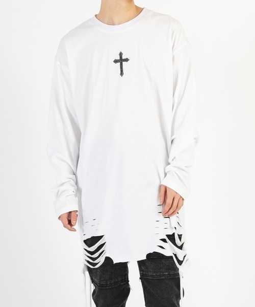 REGIEVO(レジエボ)の「【REGIEVO】 クラッシュロング丈 ロンTee ロングスリーブ(Tシャツ/カットソー・メンズ・ホワイト系その他/ブラック/オフホワイト/ブラック系その他・LARGE/MEDIUM)」の2枚目の写真