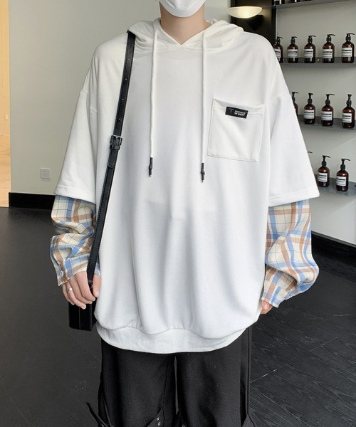 パーカー フーディ M~XL プルオーバー フェイクレイヤード COMME CA ISM パーカー ミリタリー フェイクレイヤード フード