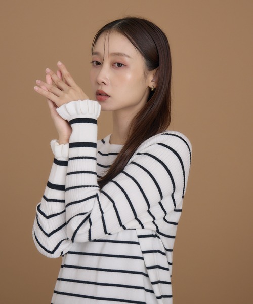 KATHARINE ROSS（キャサリンロス）の「【KATHARINE ROSS】編地変化ボーダーニット（ニット/セーター・レディース・ブラック/チャコールグレー/ホワイト・MEDIUM）」の2枚目の写真