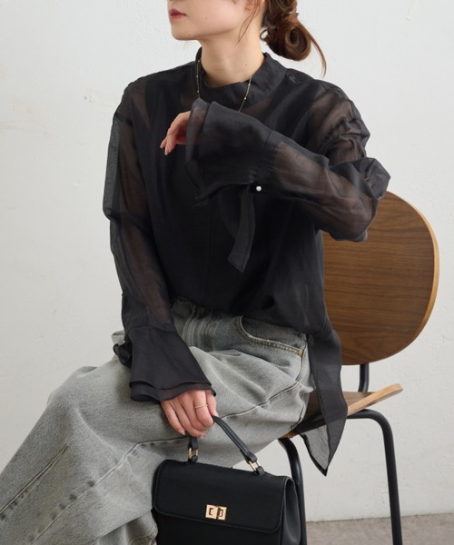 PUAL CE CIN（ピュアルセシン）の「【Du noir】パール使いシアー袖フレアブラウス（シャツ/ブラウス・レディース・ブラック/ライトベージュ・FREE）」の13枚目の写真