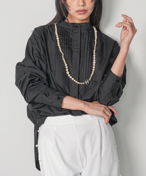 mili an deni（ミリアンデニ）の「ノーカラータキシードシャツ（シャツ/ブラウス・レディース・ブラック/サックスブルー/ブルー/オフホワイト・L/M）」の10枚目の写真