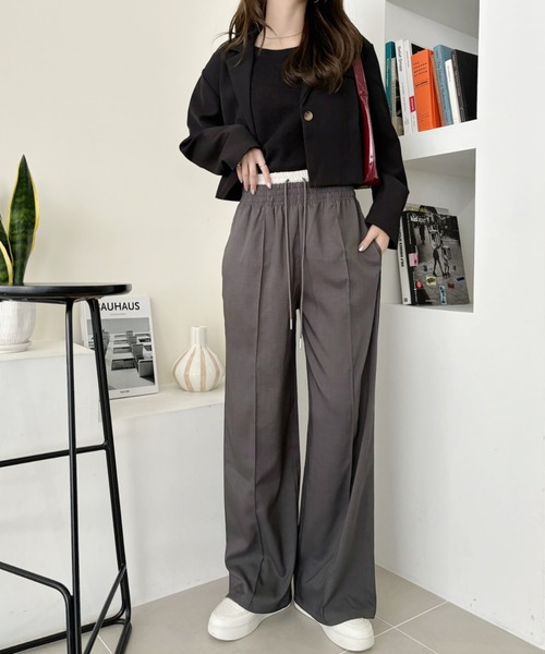 Eclat one(エクラワン)の「【Eclat one】レイヤードデザイン ウエストゴム 麻調 ワイドパンツ(その他パンツ・レディース・チャコール/ベージュ・FREE)」の6枚目の写真