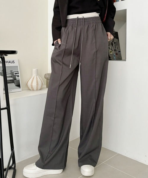Eclat one(エクラワン)の「【Eclat one】レイヤードデザイン ウエストゴム 麻調 ワイドパンツ(その他パンツ・レディース・チャコール/ベージュ・FREE)」の3枚目の写真