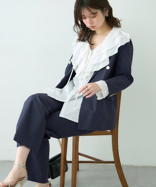 natural couture（ナチュラルクチュール）の「osonoべこべこ金釦綿麻テーラードジャケット（ブルゾン・レディース・ネイビー/ベージュ/ブラック/ライトベージュ・FREE）」の9枚目の写真