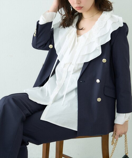 natural couture（ナチュラルクチュール）の「osonoべこべこ金釦綿麻テーラードジャケット（ブルゾン・レディース・ネイビー/ベージュ/ブラック/ライトベージュ・FREE）」の10枚目の写真