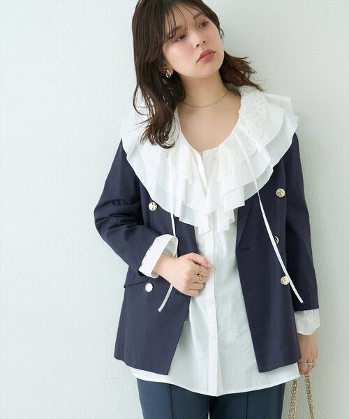 natural couture（ナチュラルクチュール）の「osonoべこべこ金釦綿麻テーラードジャケット（ブルゾン・レディース・ネイビー/ベージュ/ブラック/ライトベージュ・FREE）」の11枚目の写真