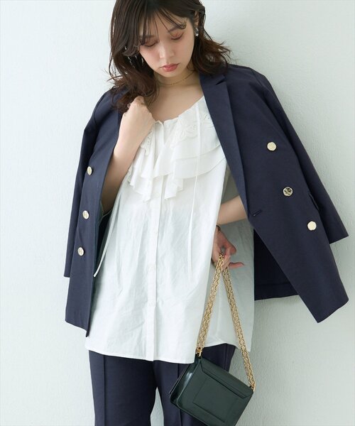 natural couture（ナチュラルクチュール）の「osonoべこべこ金釦綿麻テーラードジャケット（ブルゾン・レディース・ネイビー/ベージュ/ブラック/ライトベージュ・FREE）」の13枚目の写真