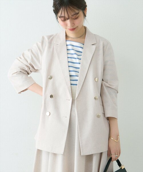 natural couture（ナチュラルクチュール）の「osonoべこべこ金釦綿麻テーラードジャケット（ブルゾン・レディース・ネイビー/ベージュ/ブラック/ライトベージュ・FREE）」の7枚目の写真