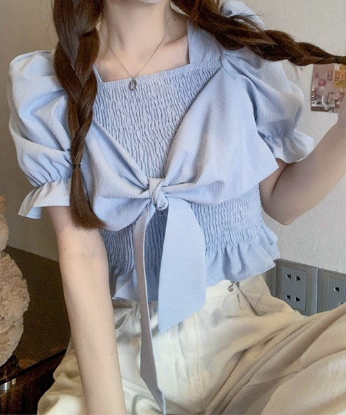 SpRay(スプレイ)の「リボン半袖シャ-リングブラウス(シャツ/ブラウス・レディース・アイボリー/ピンク/ホワイト/パープル/ブラック・FREE)」の1枚目の写真