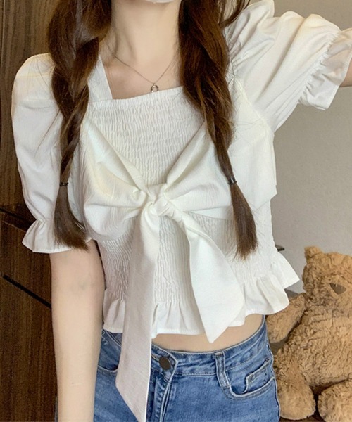 SpRay(スプレイ)の「リボン半袖シャ-リングブラウス(シャツ/ブラウス・レディース・アイボリー/ピンク/ホワイト/パープル/ブラック・FREE)」の2枚目の写真