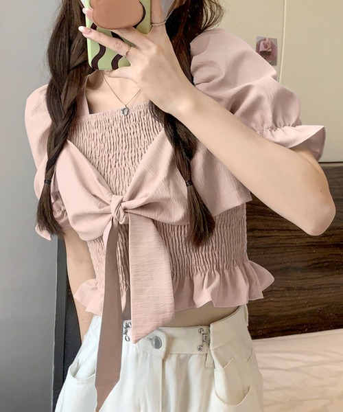 SpRay(スプレイ)の「リボン半袖シャ-リングブラウス(シャツ/ブラウス・レディース・アイボリー/ピンク/ホワイト/パープル/ブラック・FREE)」の5枚目の写真