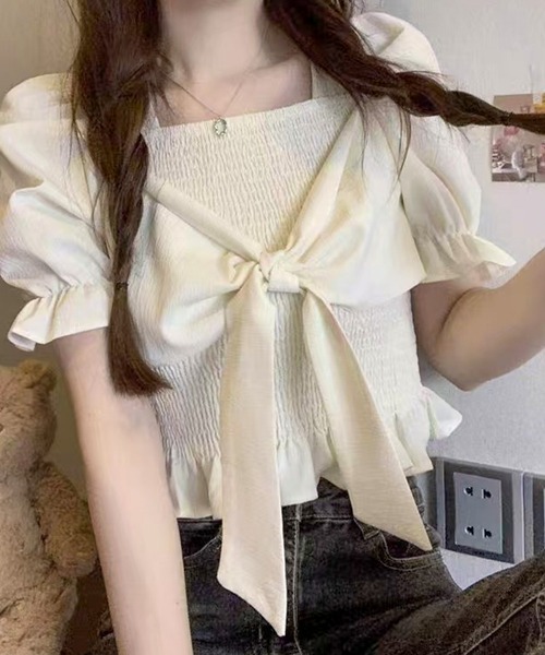 SpRay(スプレイ)の「リボン半袖シャ-リングブラウス(シャツ/ブラウス・レディース・アイボリー/ピンク/ホワイト/パープル/ブラック・FREE)」の3枚目の写真