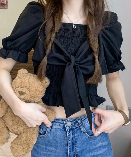 SpRay(スプレイ)の「リボン半袖シャ-リングブラウス(シャツ/ブラウス・レディース・アイボリー/ピンク/ホワイト/パープル/ブラック・FREE)」の4枚目の写真