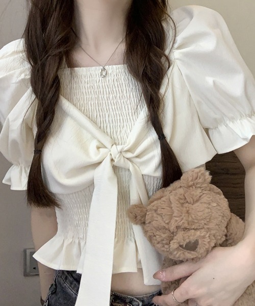 SpRay(スプレイ)の「リボン半袖シャ-リングブラウス(シャツ/ブラウス・レディース・アイボリー/ピンク/ホワイト/パープル/ブラック・FREE)」の6枚目の写真