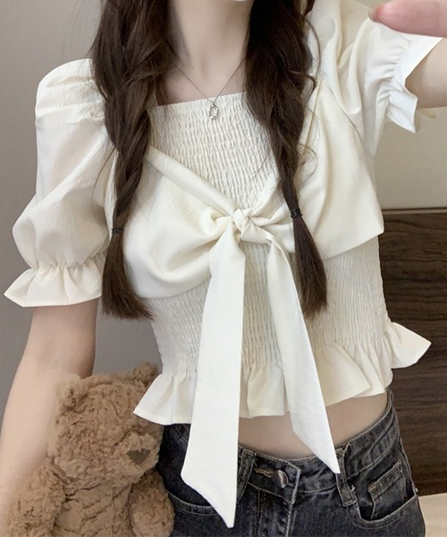 SpRay(スプレイ)の「リボン半袖シャ-リングブラウス(シャツ/ブラウス・レディース・アイボリー/ピンク/ホワイト/パープル/ブラック・FREE)」の7枚目の写真