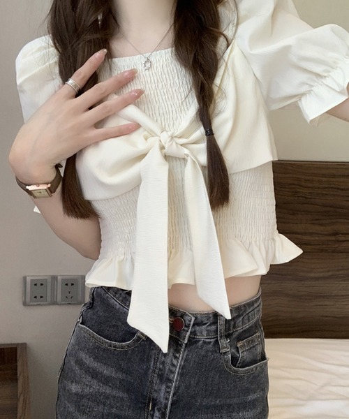 SpRay(スプレイ)の「リボン半袖シャ-リングブラウス(シャツ/ブラウス・レディース・アイボリー/ピンク/ホワイト/パープル/ブラック・FREE)」の8枚目の写真