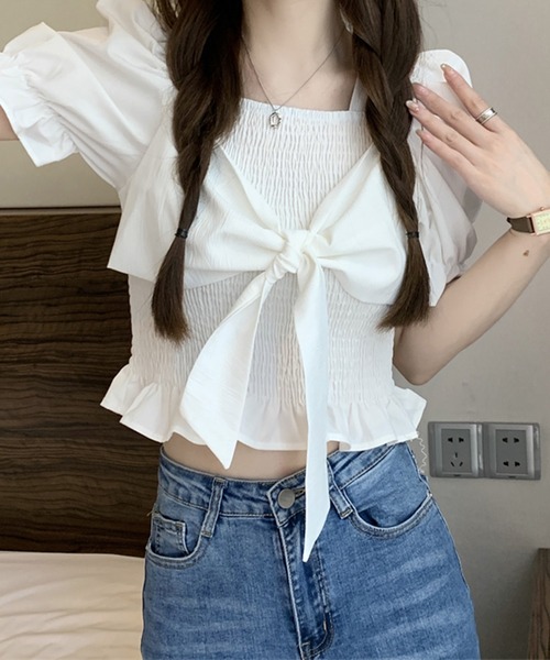 SpRay(スプレイ)の「リボン半袖シャ-リングブラウス(シャツ/ブラウス・レディース・アイボリー/ピンク/ホワイト/パープル/ブラック・FREE)」の9枚目の写真