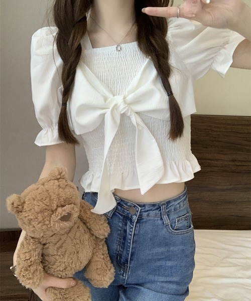 SpRay(スプレイ)の「リボン半袖シャ-リングブラウス(シャツ/ブラウス・レディース・アイボリー/ピンク/ホワイト/パープル/ブラック・FREE)」の10枚目の写真