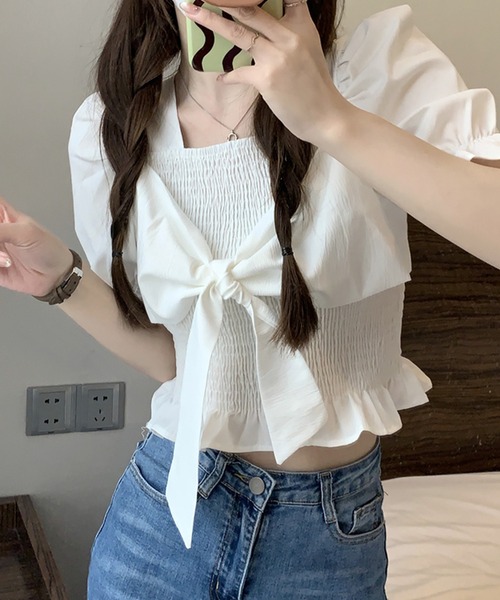 SpRay(スプレイ)の「リボン半袖シャ-リングブラウス(シャツ/ブラウス・レディース・アイボリー/ピンク/ホワイト/パープル/ブラック・FREE)」の12枚目の写真