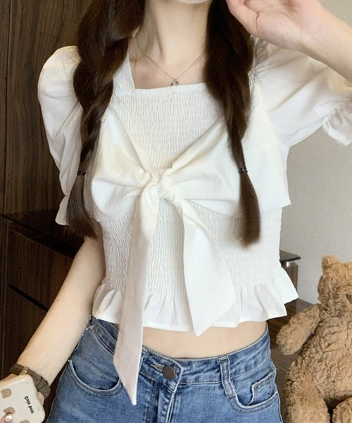 SpRay(スプレイ)の「リボン半袖シャ-リングブラウス(シャツ/ブラウス・レディース・アイボリー/ピンク/ホワイト/パープル/ブラック・FREE)」の11枚目の写真