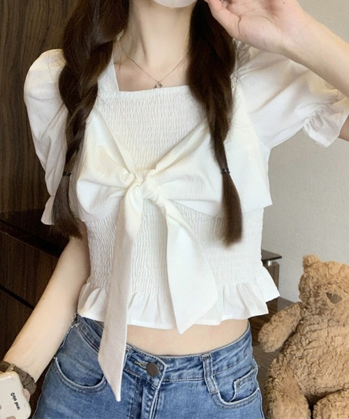 SpRay(スプレイ)の「リボン半袖シャ-リングブラウス(シャツ/ブラウス・レディース・アイボリー/ピンク/ホワイト/パープル/ブラック・FREE)」の13枚目の写真