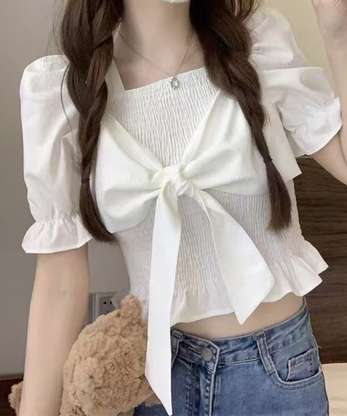 SpRay(スプレイ)の「リボン半袖シャ-リングブラウス(シャツ/ブラウス・レディース・アイボリー/ピンク/ホワイト/パープル/ブラック・FREE)」の14枚目の写真