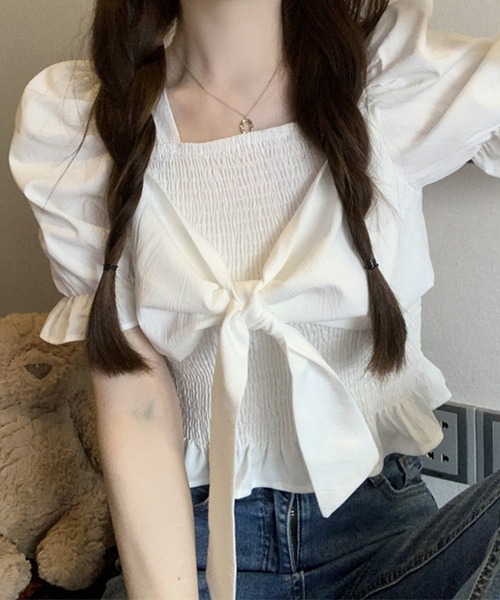 SpRay(スプレイ)の「リボン半袖シャ-リングブラウス(シャツ/ブラウス・レディース・アイボリー/ピンク/ホワイト/パープル/ブラック・FREE)」の15枚目の写真