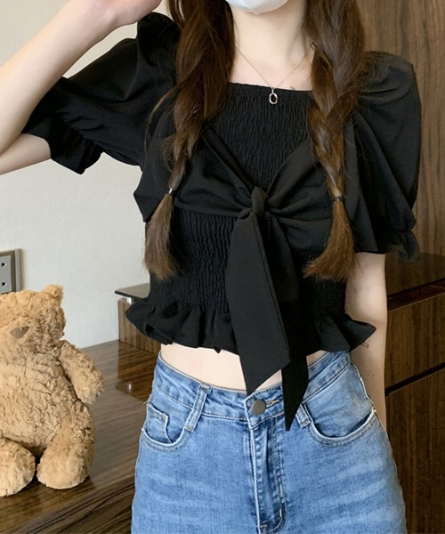 SpRay(スプレイ)の「リボン半袖シャ-リングブラウス(シャツ/ブラウス・レディース・アイボリー/ピンク/ホワイト/パープル/ブラック・FREE)」の16枚目の写真