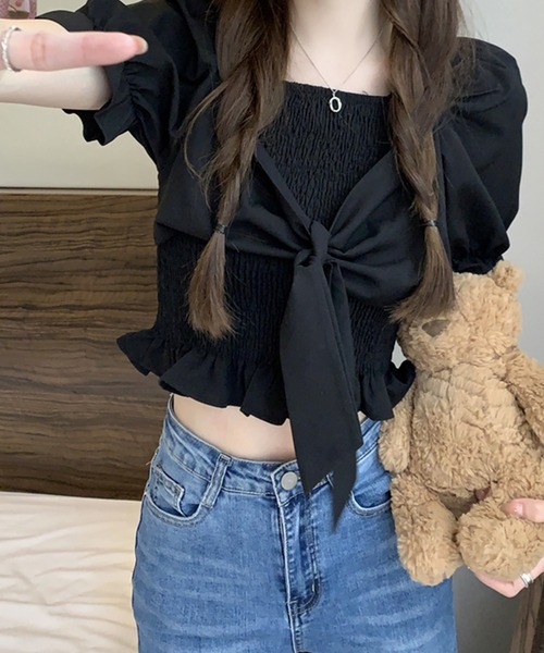 SpRay(スプレイ)の「リボン半袖シャ-リングブラウス(シャツ/ブラウス・レディース・アイボリー/ピンク/ホワイト/パープル/ブラック・FREE)」の17枚目の写真