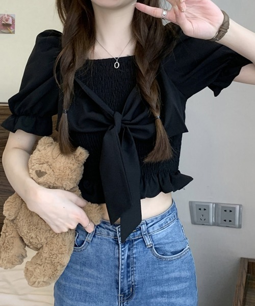 SpRay(スプレイ)の「リボン半袖シャ-リングブラウス(シャツ/ブラウス・レディース・アイボリー/ピンク/ホワイト/パープル/ブラック・FREE)」の18枚目の写真