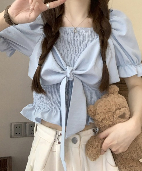 SpRay(スプレイ)の「リボン半袖シャ-リングブラウス(シャツ/ブラウス・レディース・アイボリー/ピンク/ホワイト/パープル/ブラック・FREE)」の21枚目の写真