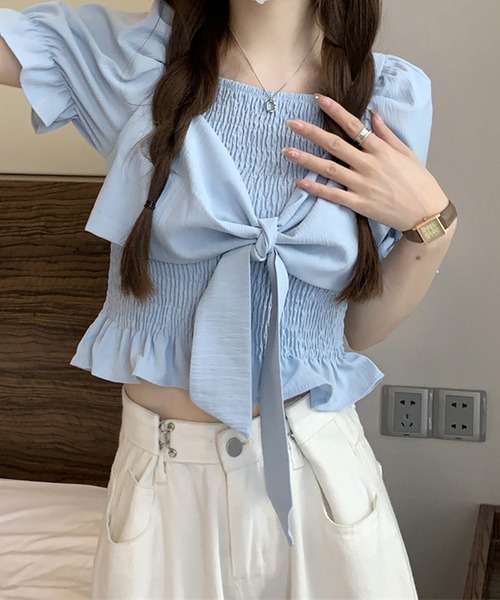 SpRay(スプレイ)の「リボン半袖シャ-リングブラウス(シャツ/ブラウス・レディース・アイボリー/ピンク/ホワイト/パープル/ブラック・FREE)」の22枚目の写真