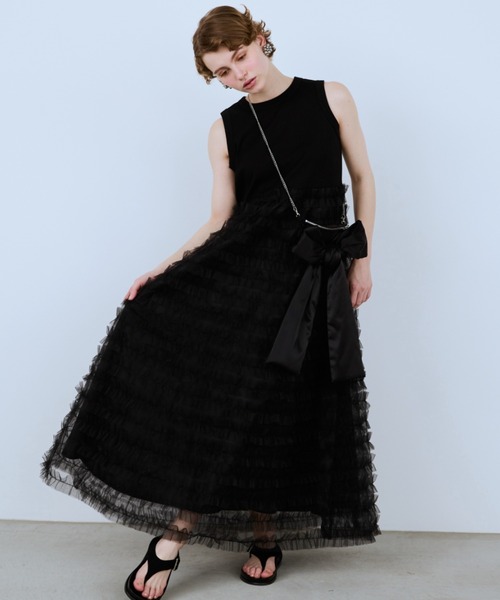 【美品】PERNA ペルナ ティアードチュニックワンピース ブラック チュールギャザーキャミワンピース（ワンピース）｜PERNA