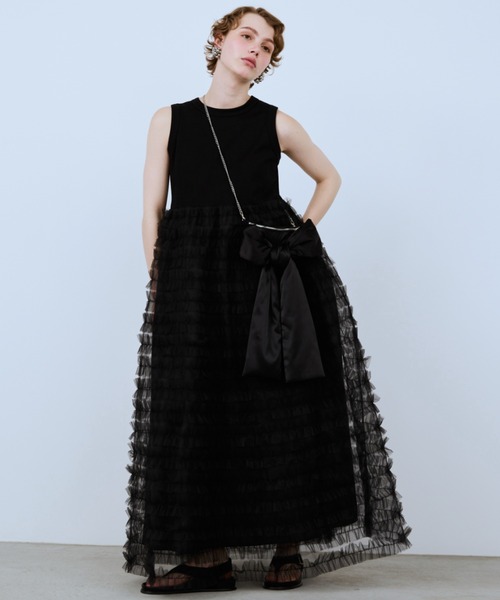 【美品】PERNA ペルナ ティアードチュニックワンピース ブラック フェザードッキングワンピース（ワンピース）｜PERNA（ペルナ