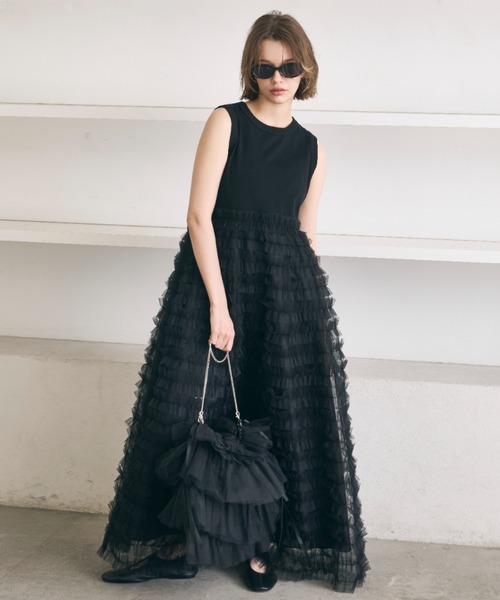 ペルナ PERNA ノースリーブドッキングチュールワンピース セール】ノースリーブドッキングチュールワンピース（ワンピース