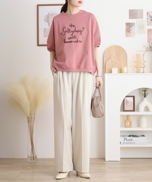 tシャツ EGLANTINE 歯ブラシ加工刺繍Tシャツ ぽわん袖カットソー レディース EGLANTINE tシャツ 歯ブラシ加工刺繍Tシャツ ぽわん袖カットソー