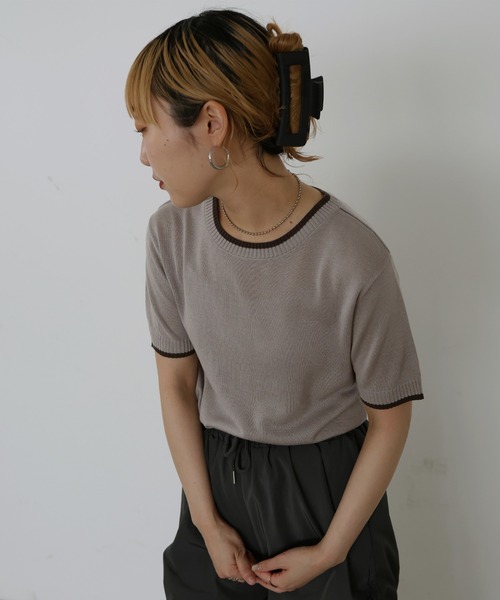 Mili affinity（ミリアフィニティー）の「バイカラーニットトップス（Tシャツ/カットソー・レディース・ピンク/アイボリー/ブラック/ブルー/グレー・FREE）」の20枚目の写真