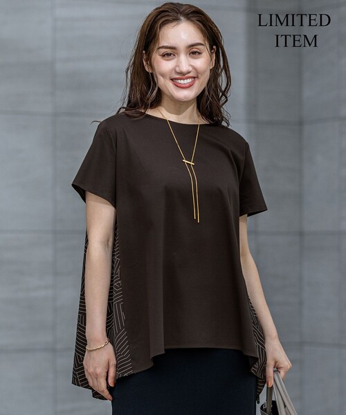 tシャツ 「Lサイズ限定/洗える」スカーフプリントコンビ バックフレア カットソー レディース セール】【Lサイズ限定/洗える】スカーフプリントコンビ バック