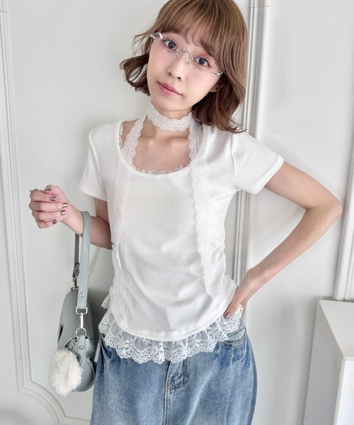 Loueme（ルエム）の「レースチョーカー付き裾フリルトップス（Tシャツ/カットソー・レディース・ライトブルー/ブラック/グレー/オフホワイト・FREE）」の19枚目の写真